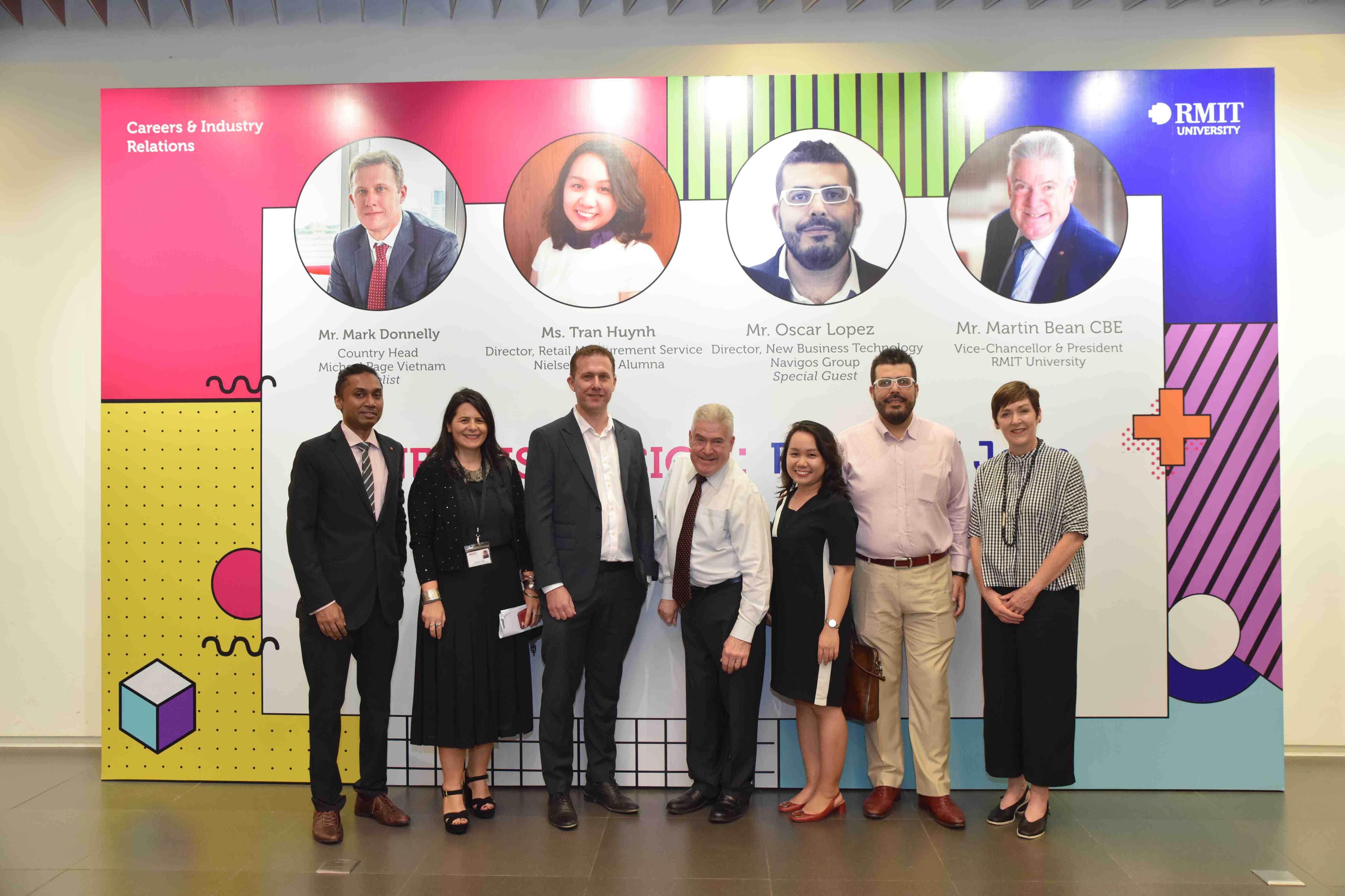 RMIT Vice-Chancellor and President Martin Bean CBE (middle) with the panellists and RMIT representatives 