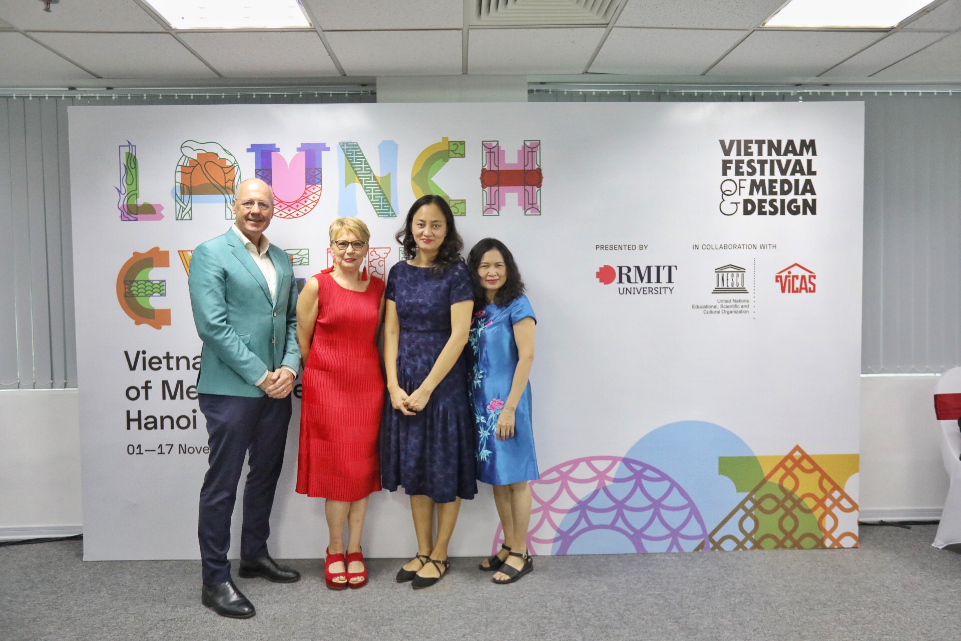 (From right) Associate Professor - Dr Nguyen Thi Hien (Deputy Director of Vietnam National Institute of Culture and Arts Studies), Ms Pham Thi Thanh Huong (Representative of UNESCO Hanoi Office), Professor Julia Gaimster (RMIT Vietnam Deputy Head of School of Communication & Design) and Mr Philip Dowler (RMIT Vietnam Head of Campus Hanoi) at the launch event of Vietnam Festival of Media & Design in Hanoi.  