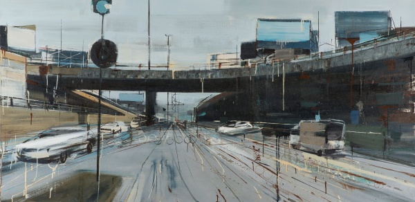 Chuong Duong Bridge by Quy Tong is painted with a cold palette, confronting the viewer with the objects and infrastructure of a city undergoing rapid modernisation and industrialisation.