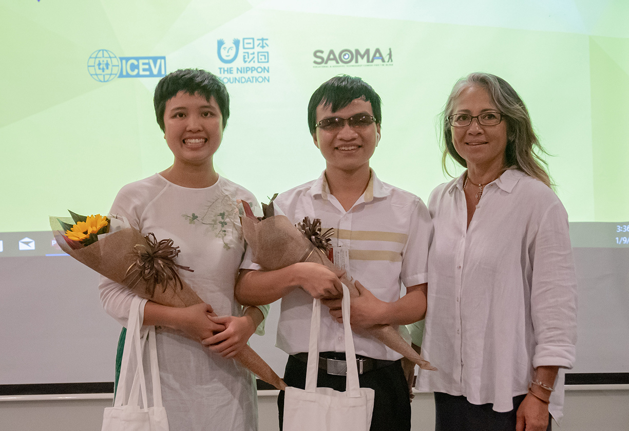 (Pictured, from left) RMIT University Opportunity Scholarship recipients Thach Ngoc Minh Tam and Nguyen Thanh Vinh (who were the MCs at the conference), and RMIT Wellbeing Senior Manager Ms Ela Partoredjo.  