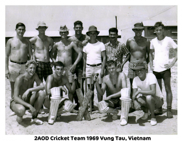 The earliest record of cricket being played in Vietnam: Australian troops on a cement pitch laid by local women in Vung Tau.