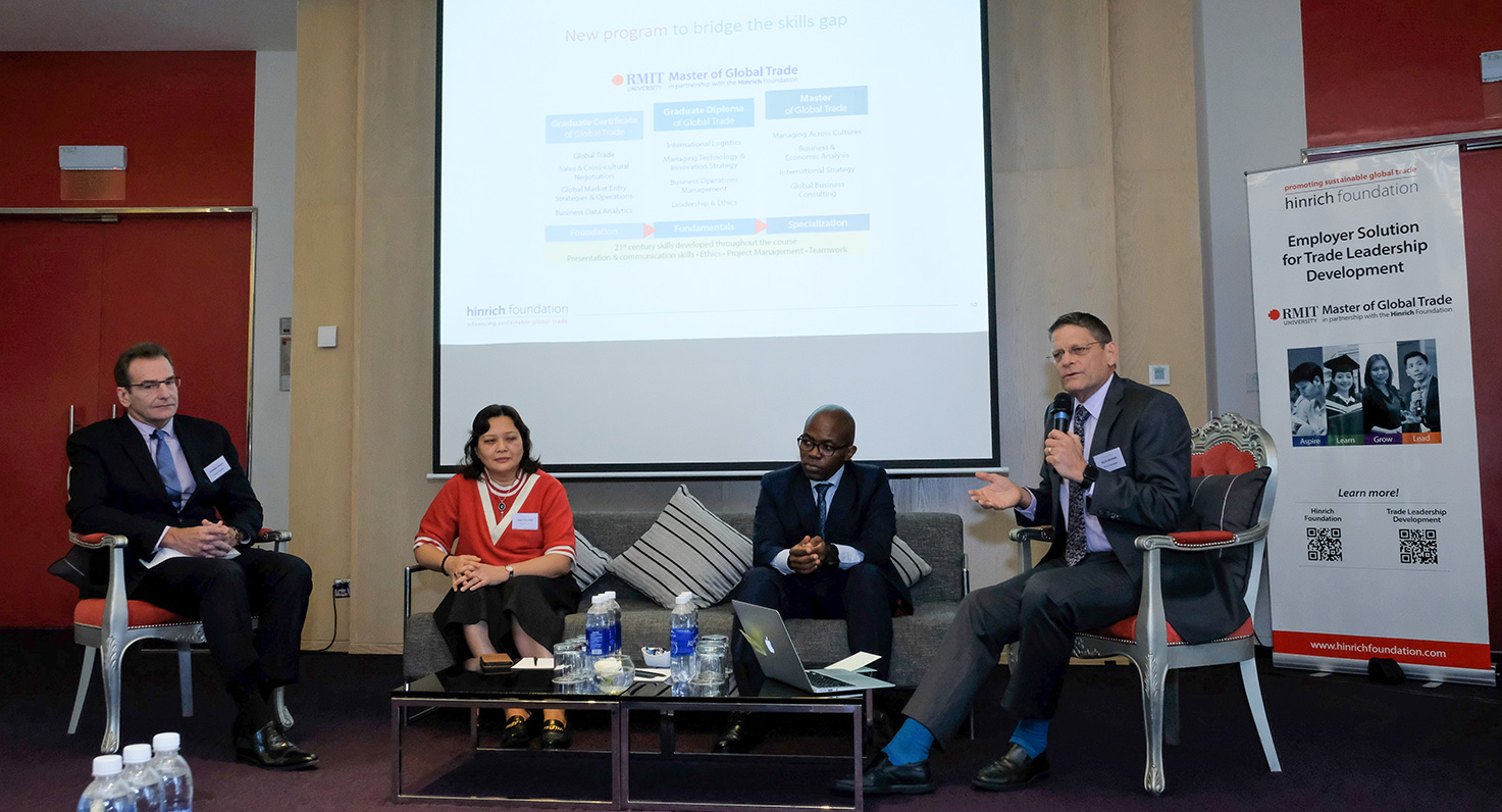 (From left) The global trade roundtable discussion welcomed the presence of Hinrich Foundation Research Fellow Mr Stephen Olson, Nestle Vietnam Human Resources Director Ms Truong Bich Dao, Head of School of Business & Management Associate Professor Mathews Nkhoma, and Hinrich Foundation Program Director Mr Alex Boome. 