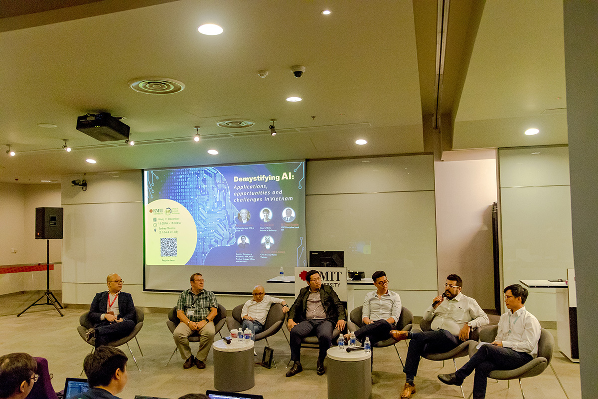 The invited panel speakers (from left): Dr Yossi Nygate (RMIT), Herve Roussel (Quod AI), Thai Dinh (Be Group), Oscar Lopez Alegre (Leroy Merlin Vietnam), and Dr Khanh Ngo (Kaspersky SEA). 