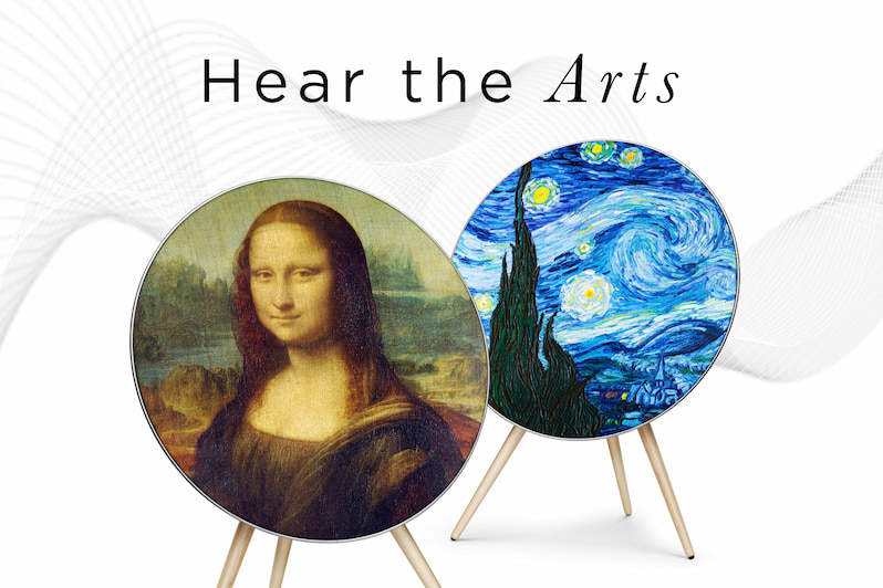 Pictures of Leonardo da Vinci's Mona Lisa and Vincent van Gogh's Starry Night on two Bang & Olufsen luxury speakers.