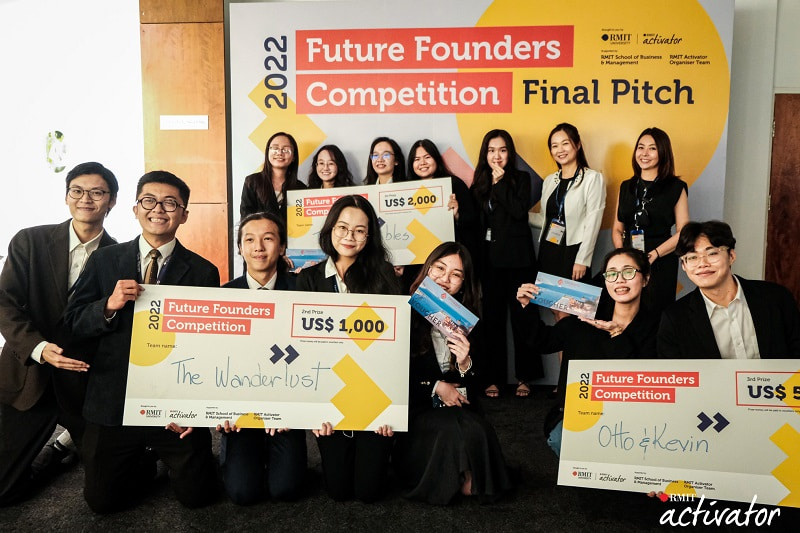 The three winning teams of Future Founders Competition 2022 posing with their prizes.