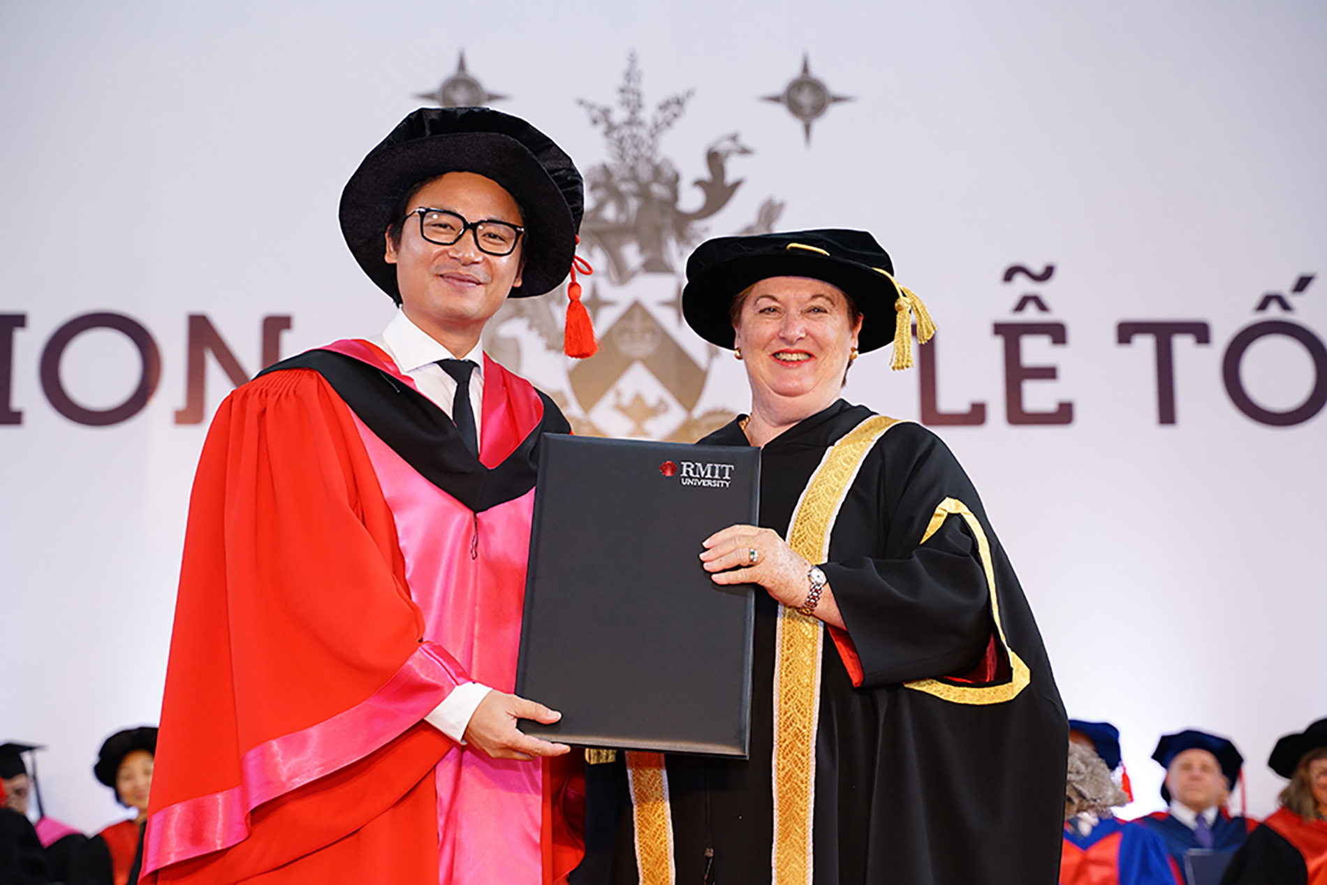 Vietnamese–Australian celebrity chef and restaurateur Luke Nguyen (left) was awarded an RMIT Honorary Doctorate for his distinguished culinary contributions to the wider community.