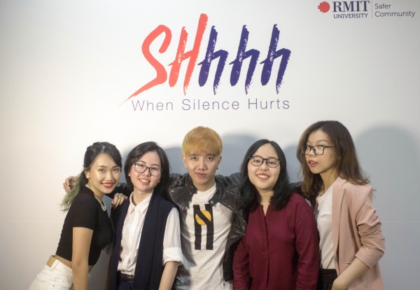 The T.A.N.G.O. team of five Bachelor of Communication (Professional Communication) students, including (from left) Bui Phuong Anh, Tran Hoang Bao Chau, Duong Vinh Hoi, To Ngoc Minh Thy and Nguyen Ngoc Thoai Nghi, oversaw the ‘SHhhh’ campaign at RMIT Vietnam’s Saigon South campus.