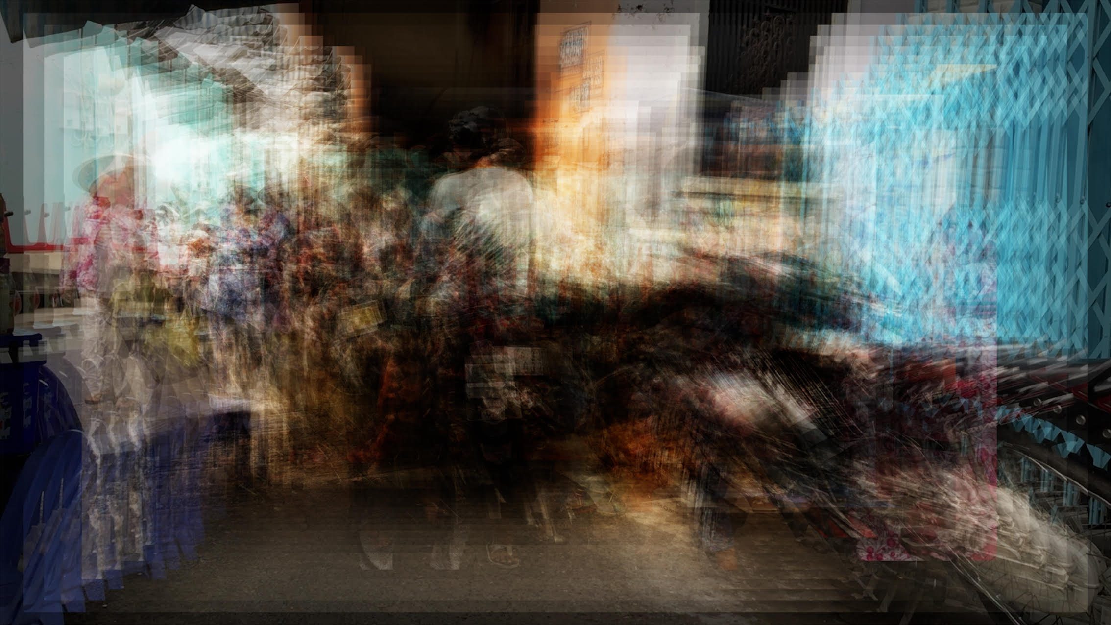 A composite image that shows the intense and dynamic experience of the hem spaces through the movement of people and motorbikes. This image is made up of layering film frames on top of each other, showing a sequence of film in one picture.