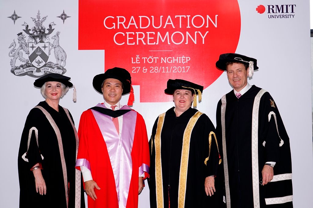 (From left) Professor Gael McDonald – RMIT Vietnam President; Mr Don Lam – Honorary Doctorate; Ms Janet Latchford – RMIT University Deputy Chancellor; and Professor Andrew MacIntyre – RMIT University Deputy Vice-Chancellor Global Development and Vice-President.