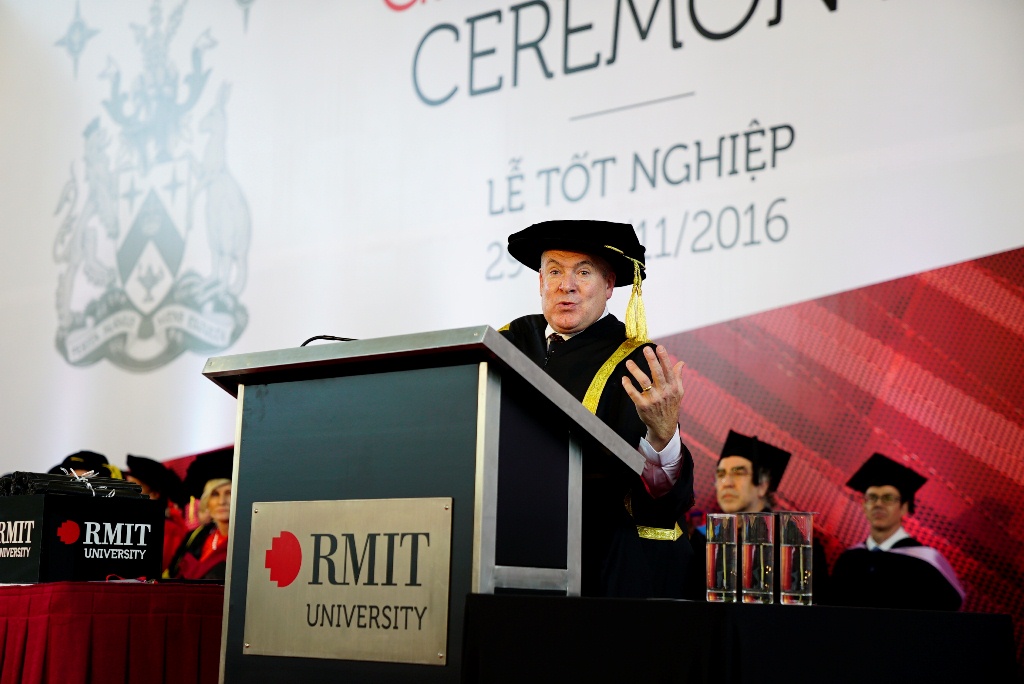 Vice-Chancellor and President of RMIT University, Martin Bean CBE, gives an inspirational speech at the 2016 graduation ceremonies.				