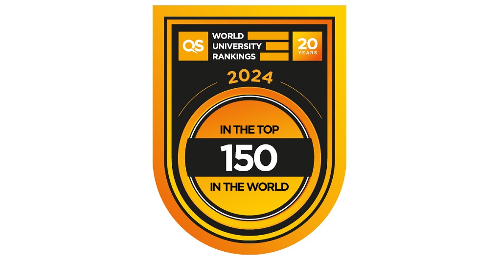 Badge by QS World University Rankings 2024 saying In the top 150 in the world