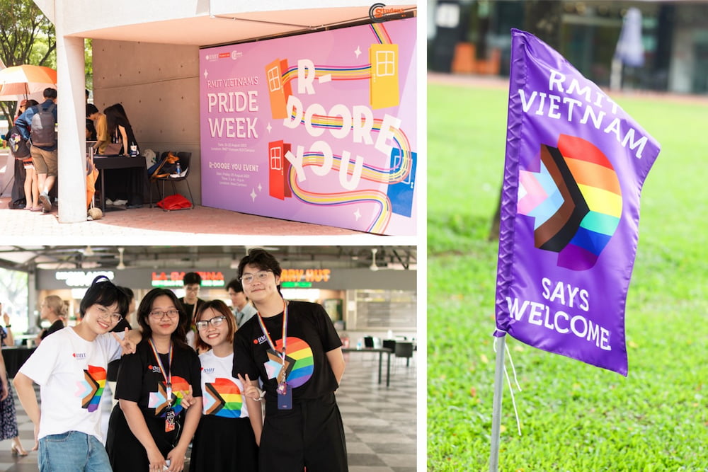 Collage of R-Doore-You backdrop, RMIT Pride flag, and four students wearing Pride shirts