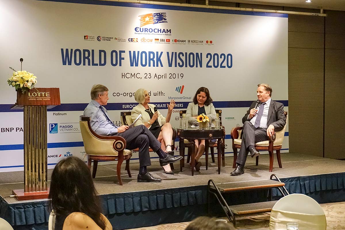 RMIT President Professor Gael McDonald with Country Manager at ManpowerGroup Vietnam, Thailand and Middle East Mr Simon Matthews, and Human Resources Director of Nestle Vietnam Ms Truong Bich Dao, speaking at the Eurocham World of Work Vision 2020.