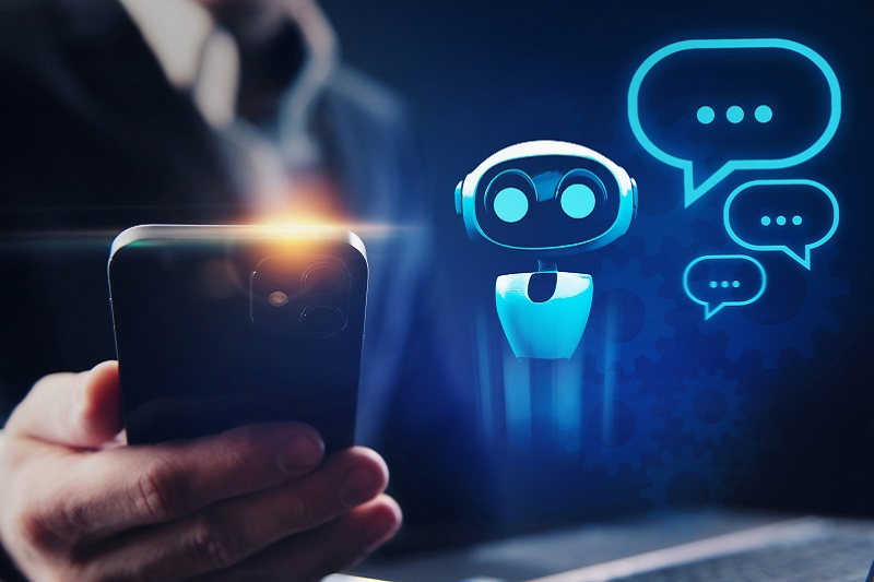 Chatbot icons next to a smartphone held by a man