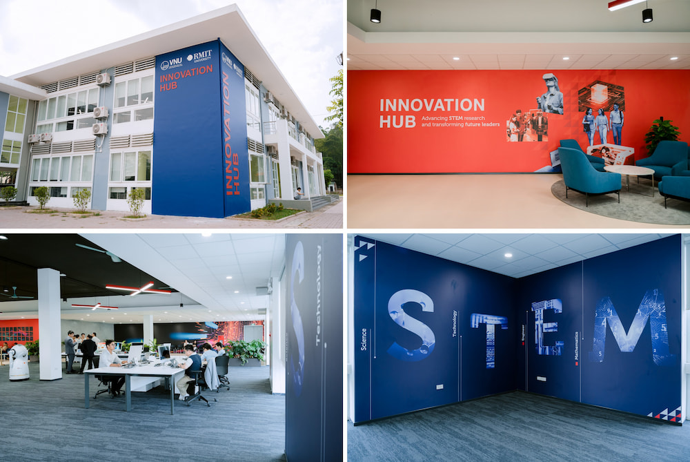 Collage of four different spaces outside and inside VNU-RMIT Innovation Hub