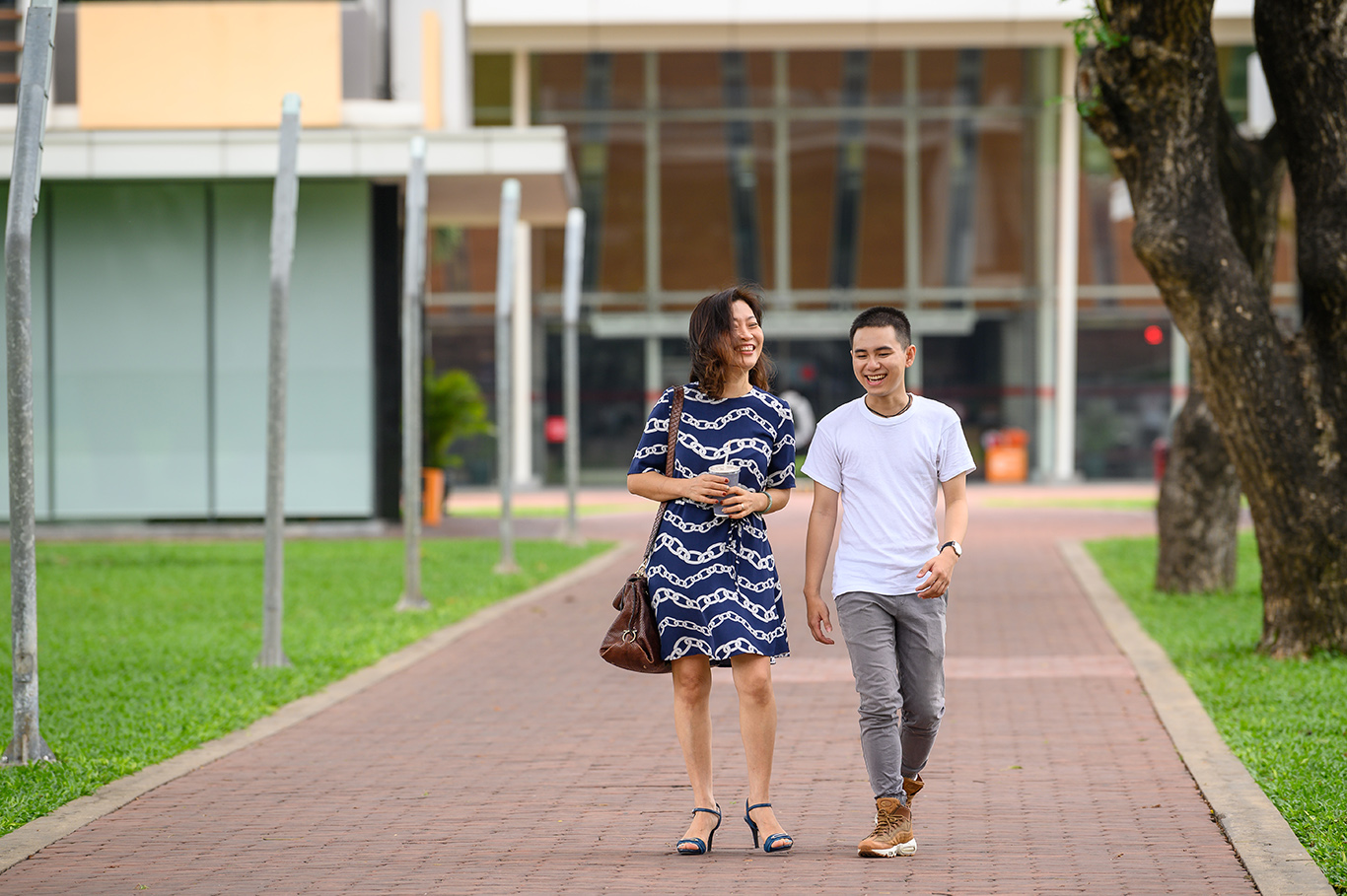 parent student walking and chatting 