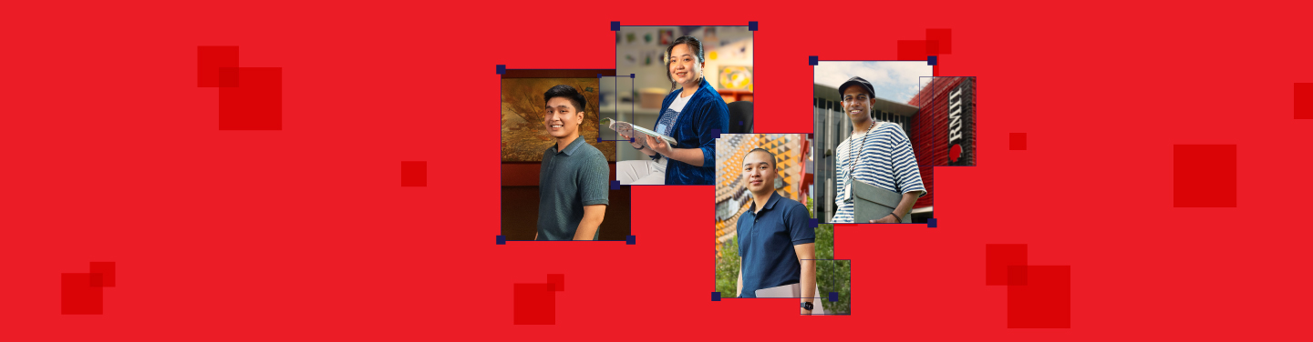 Photo collage of four RMIT Vietnam's alumni/student, set against a vibrant red background with abstract square elements.
