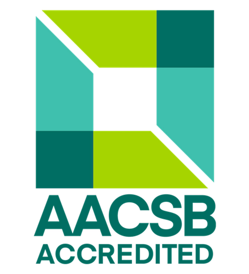 AACSB Accredited logo in the shape of a stylised square in 2 overlapping shades of green, one a cool teal, the other a warm grass green, and the overlapping resulting colour used for the words "AACSB Accredited" under it