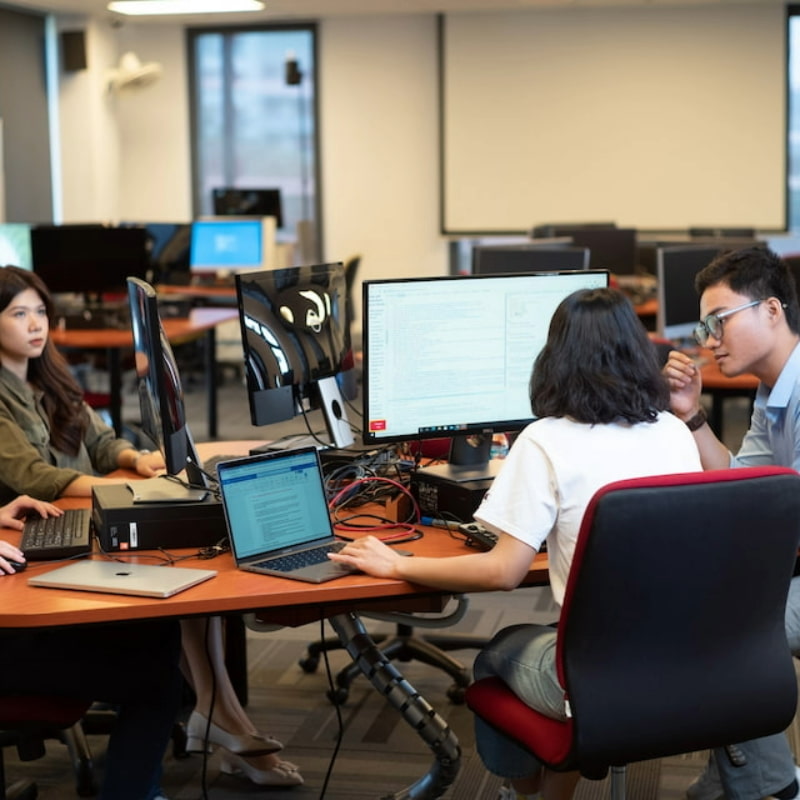 Photo of students collaborating in a computer lab with multiple monitors displaying lines of code, indicating a team-focused IT environment centered on software development or code review.