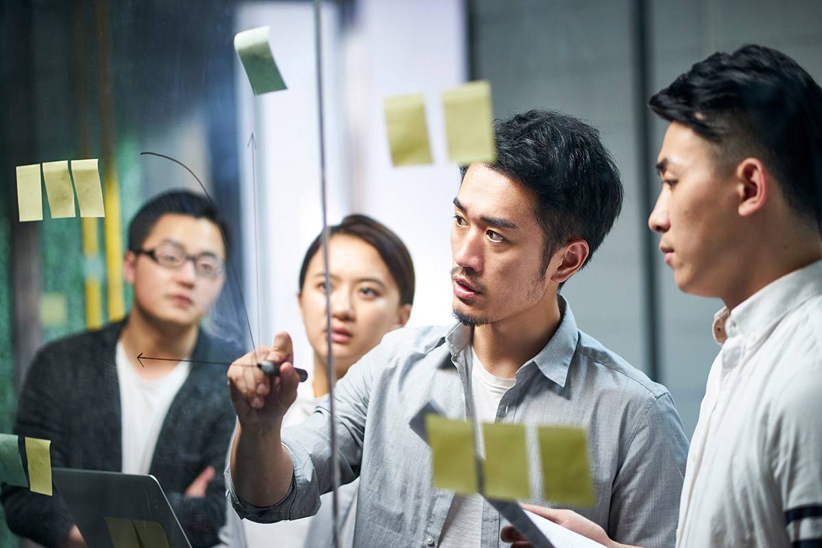 group of Asian people at a glass Agile wall mapping some work