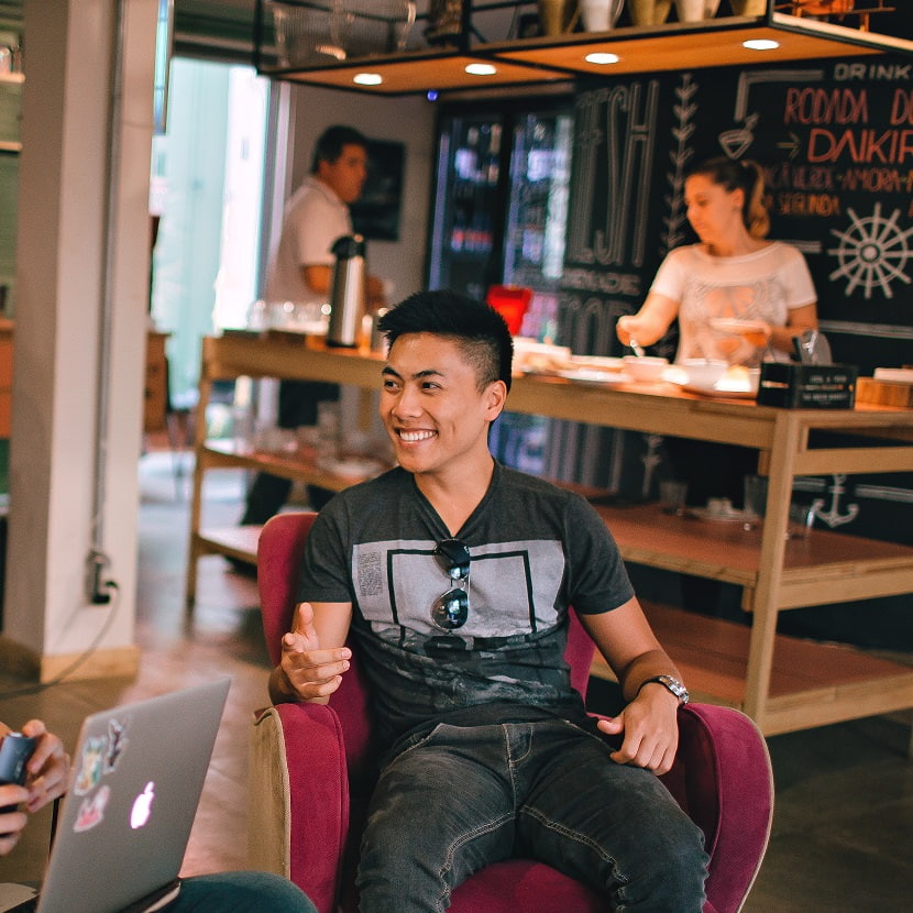 Student sitting in a cafe.