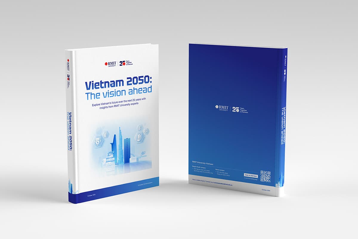 Render of a white hardcover book with the title Vietnam 2050: The vision ahead, and the RMIT logo and an illustration of Vietnamese skyscrapers from Saigon (Bitexco), Hanoi (the tallest building) and a third one. 